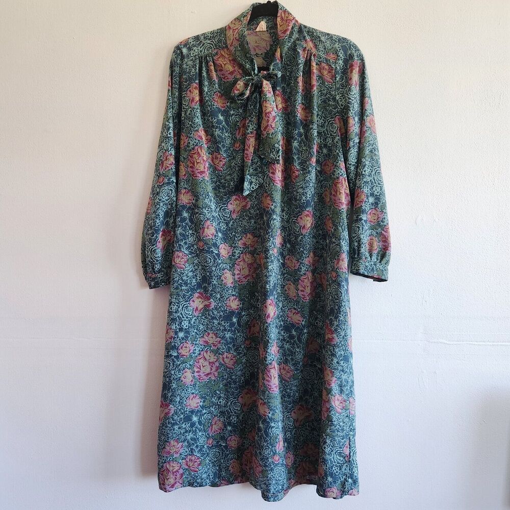 Vintage Dress Women's Large Casual Knee Length Floral Long Sleeve Belted‎